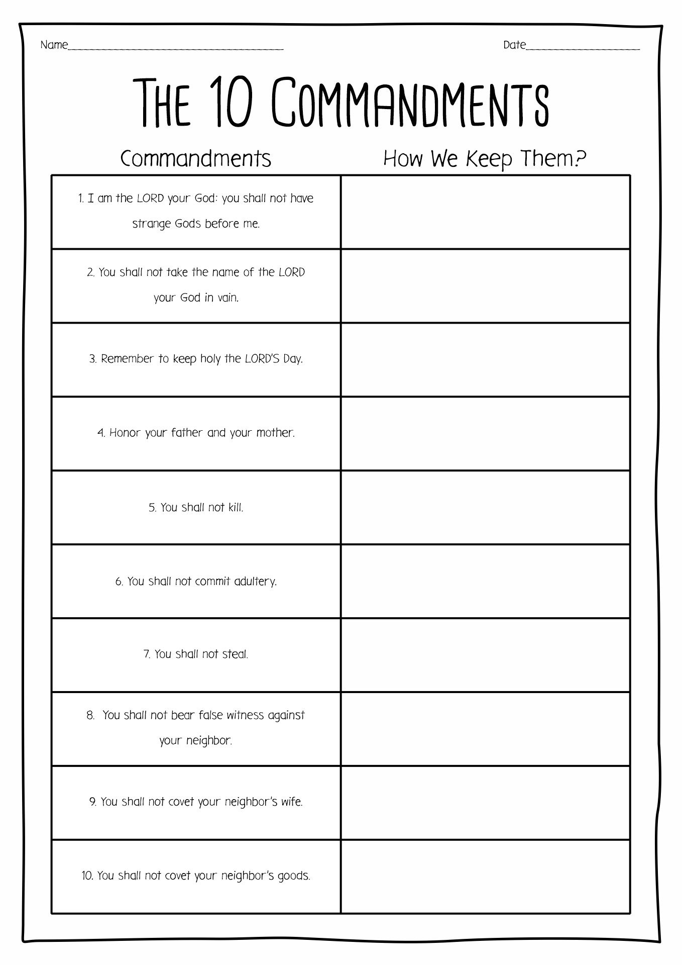 free printable 10 commandments printable worksheets