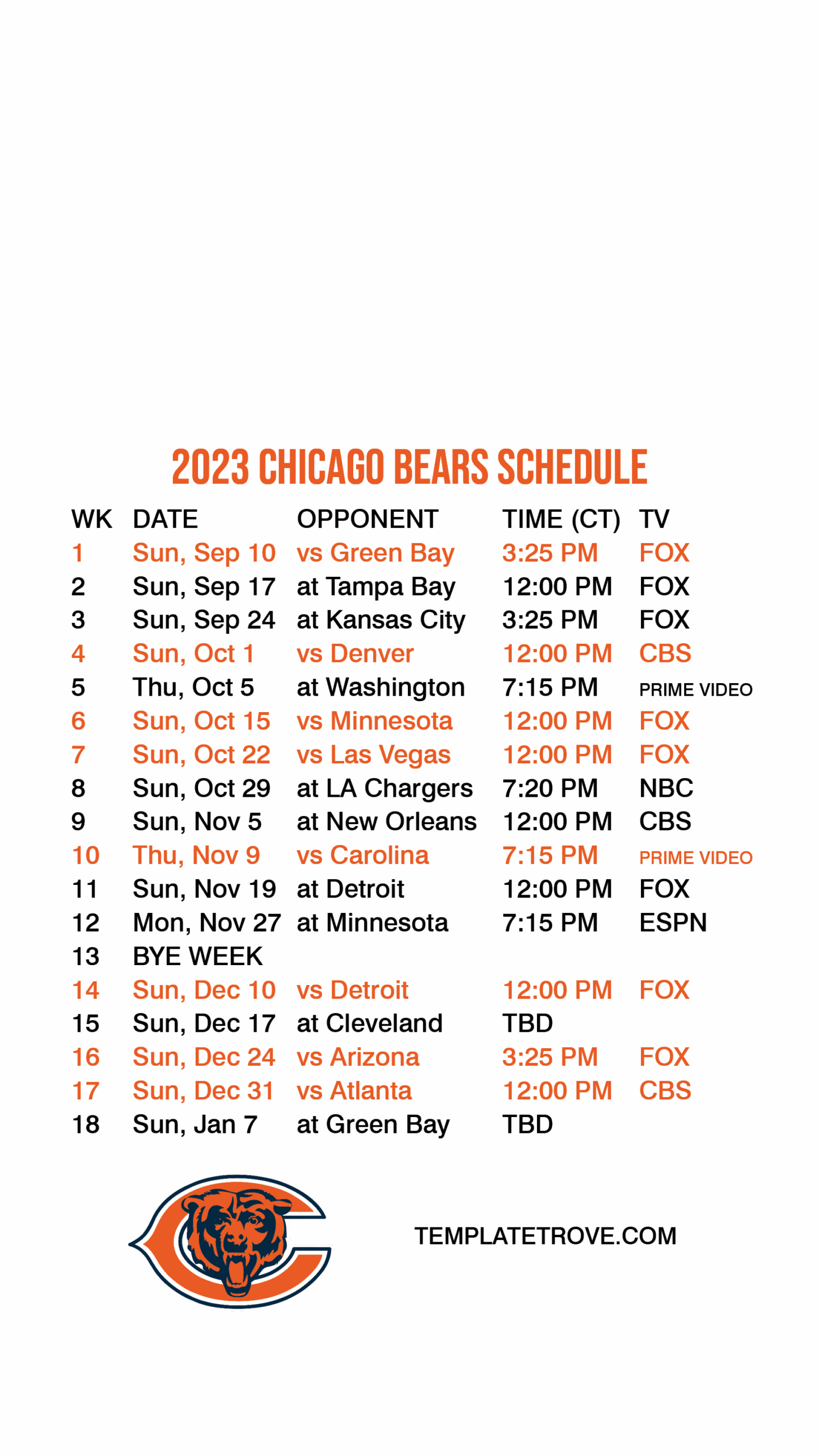 2023 2024 Chicago Bears Lock Screen Schedule For IPhone 6 7 8 Plus