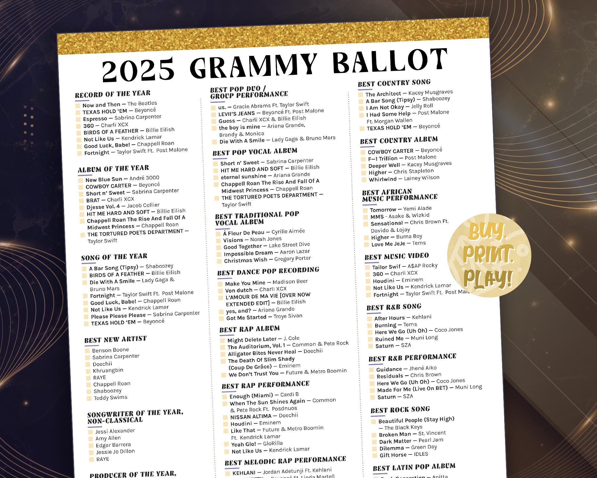 2025 Grammys Ballot For 67th Music Awards Printable Predictions Game For 24 Major Categories TV Ceremony Academy Awards Watch Party Etsy Hong Kong