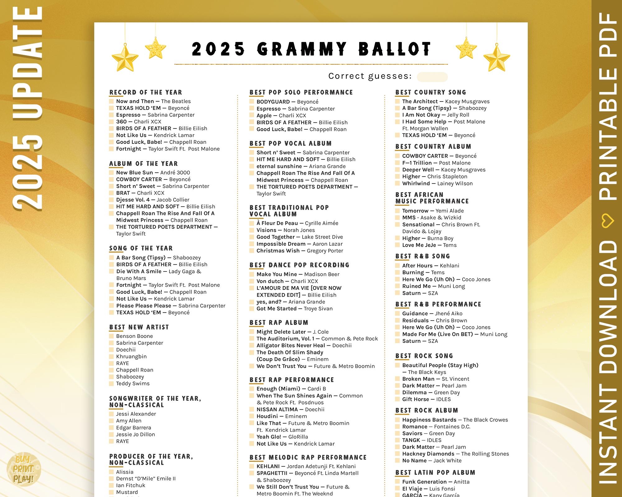 2025 Grammys Ballot With 24 Major Categories For 67th Music Awards Printable Predictions Voting Game For Academy Ceremony Watch Party Etsy