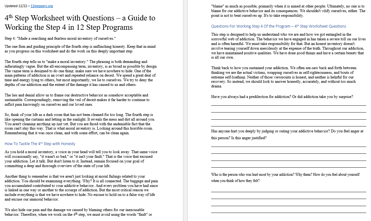 printable aa 4th step worksheets