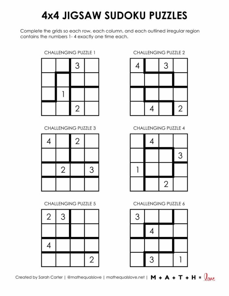 4x4 Jigsaw Sudoku Puzzles Math Love
