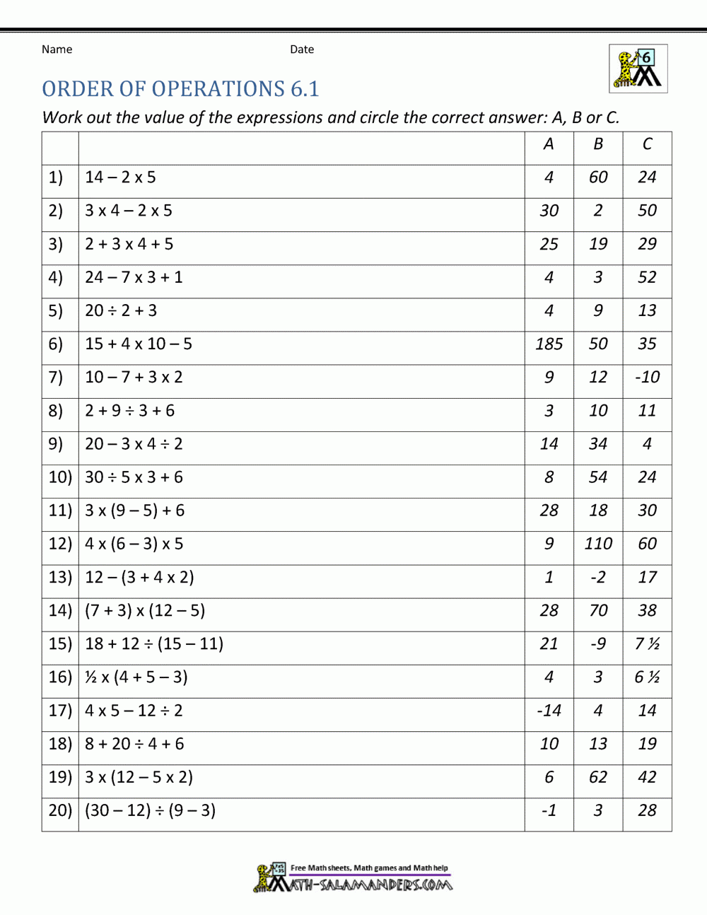 math worksheets for sixth graders printable