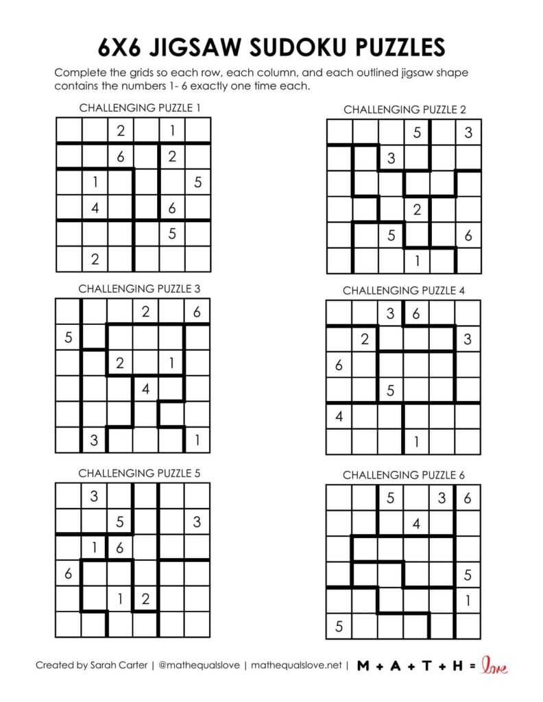 6x6 Jigsaw Sudoku Puzzles Free Printable PDF 