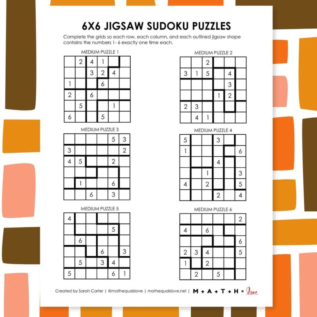 6x6 Jigsaw Sudoku Puzzles Free Printable PDF 