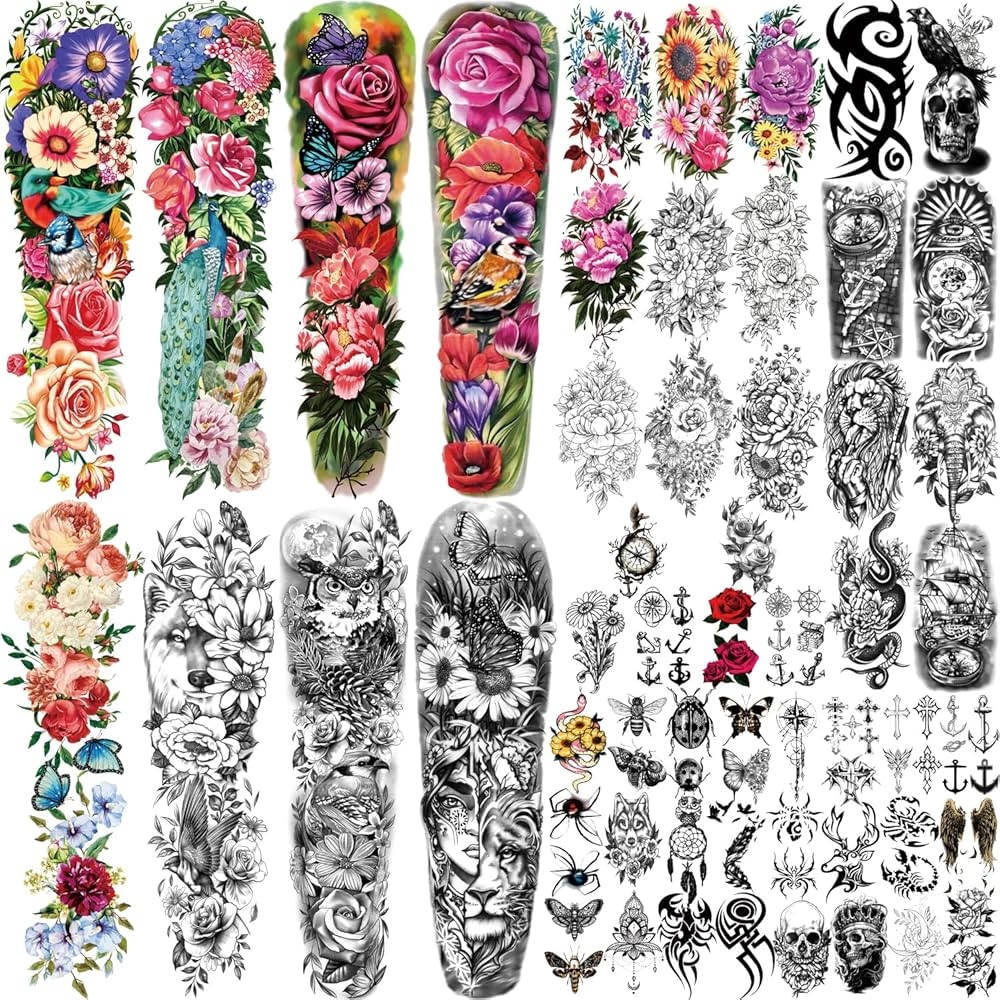Amazon 55 Sheets Temporary Tattoo For Men And Women 8 Full Arm Fake Tattoos 17 Half Arm Fake Skull Flower Tattoos 30 Tiny For Adults Kids Body Shoulder Tattoos Stickers Waterproof