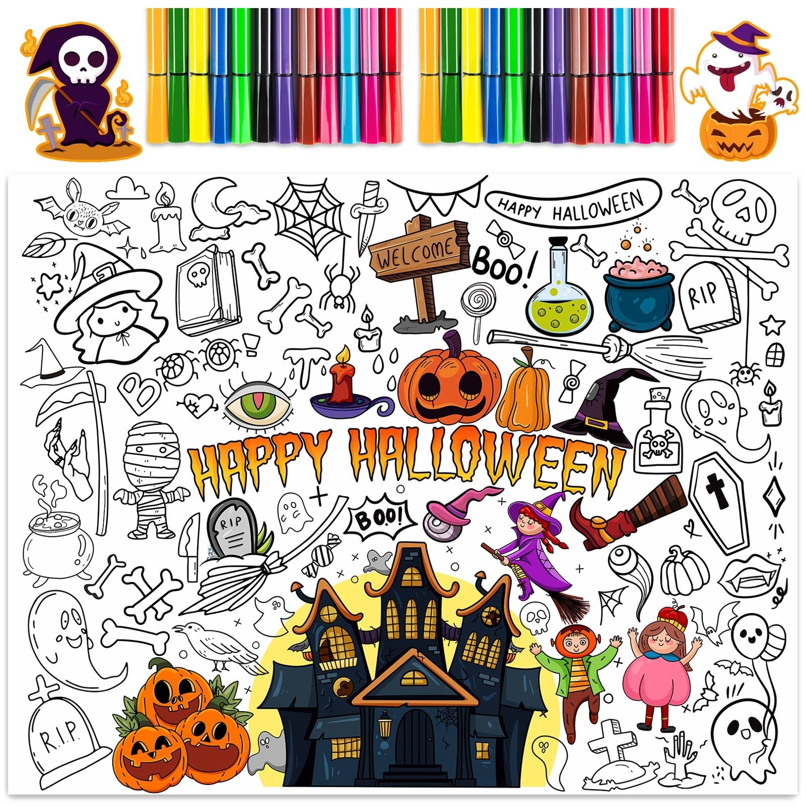 Amazon Halloween Giant Coloring Poster With 24 Pcs Paint Pens 31 5 X 39 37 Inch Jumbo Coloring Poster With Pumpkin Huge Coloring Paper Large Coloring Sheets For Halloween School Home Birthday Party 