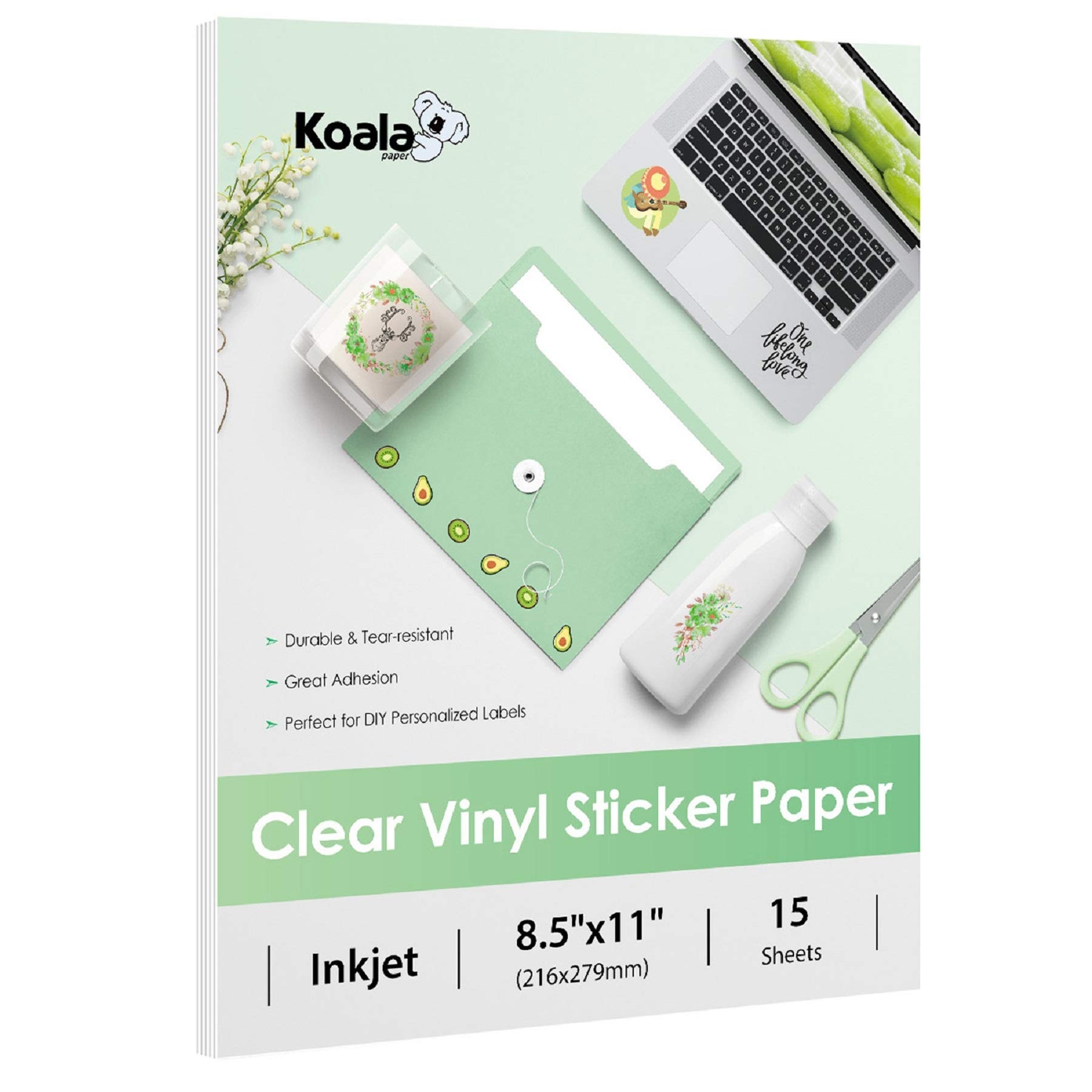Amazon Koala 95 Clear Sticker Paper For Inkjet Printer Waterproof Printable Vinyl Sticker Paper 8 5x11 Inch 15 Sheets Transparent Glossy Easy To Use For DIY Personalized Decals Office Products
