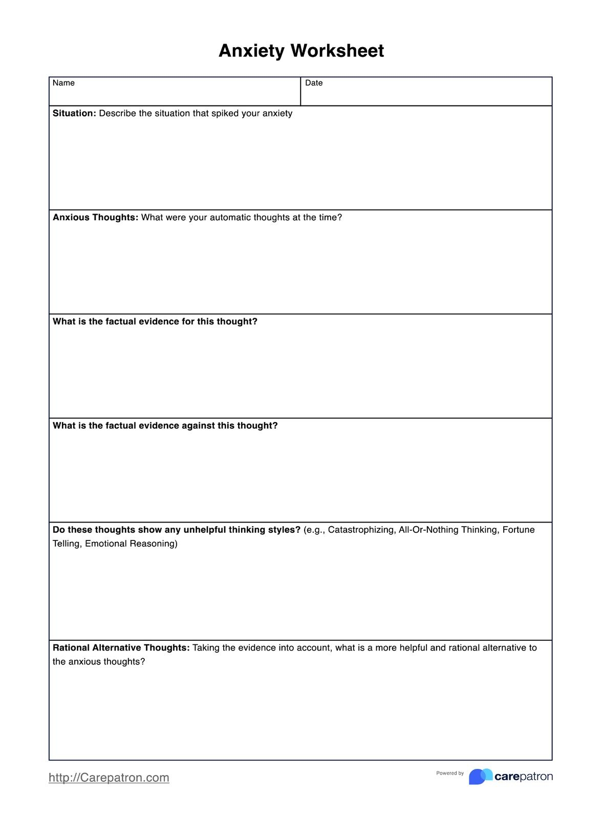Anxiety Worksheets