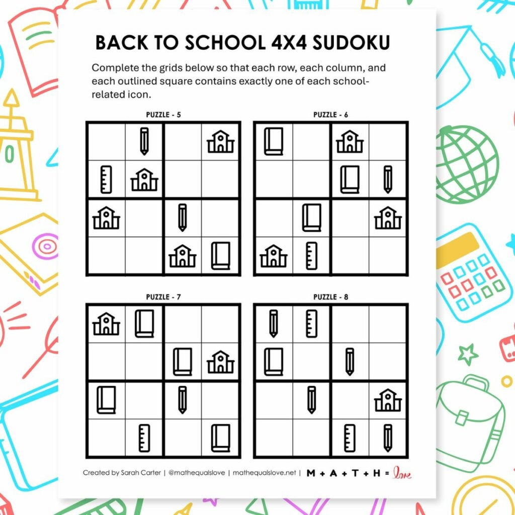 Back To School Sudoku 4x4 Puzzles With Pictures Math Love