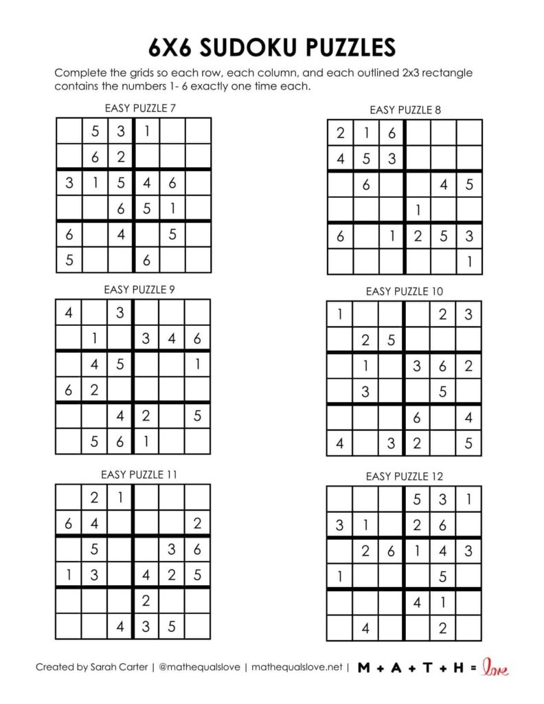 Beginner Sudoku 6x6 Printable Puzzles PDF 