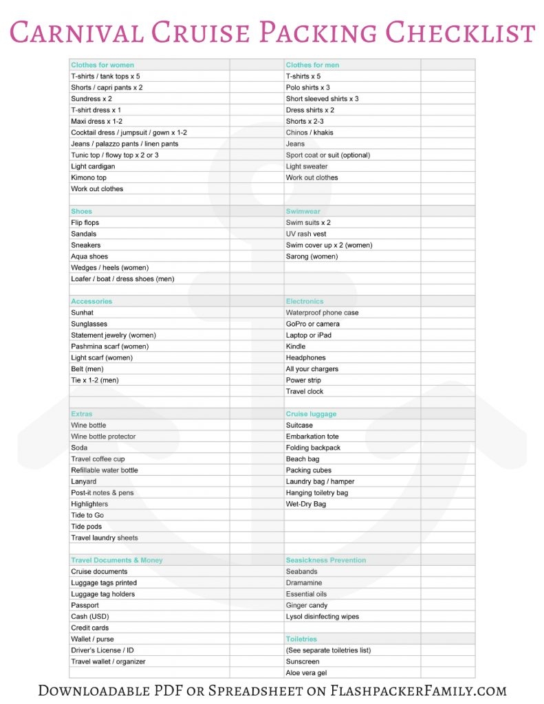 Carnival Cruise Packing List Printable Checklist Included Flashpacker Family Travel Blog Travel With Kids