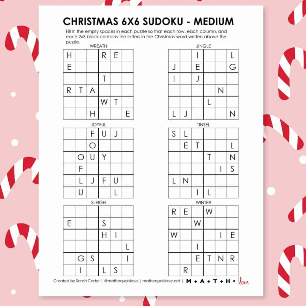 Christmas 6x6 Sudoku Puzzles Free Printable PDF 