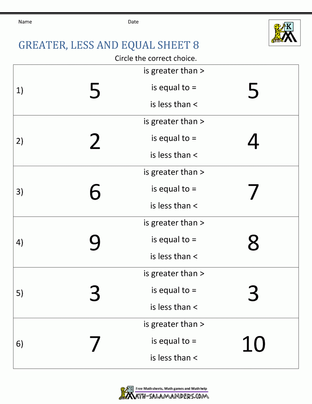 Comparing Numbers Worksheet Comparing Numbers And Amounts Up To 10