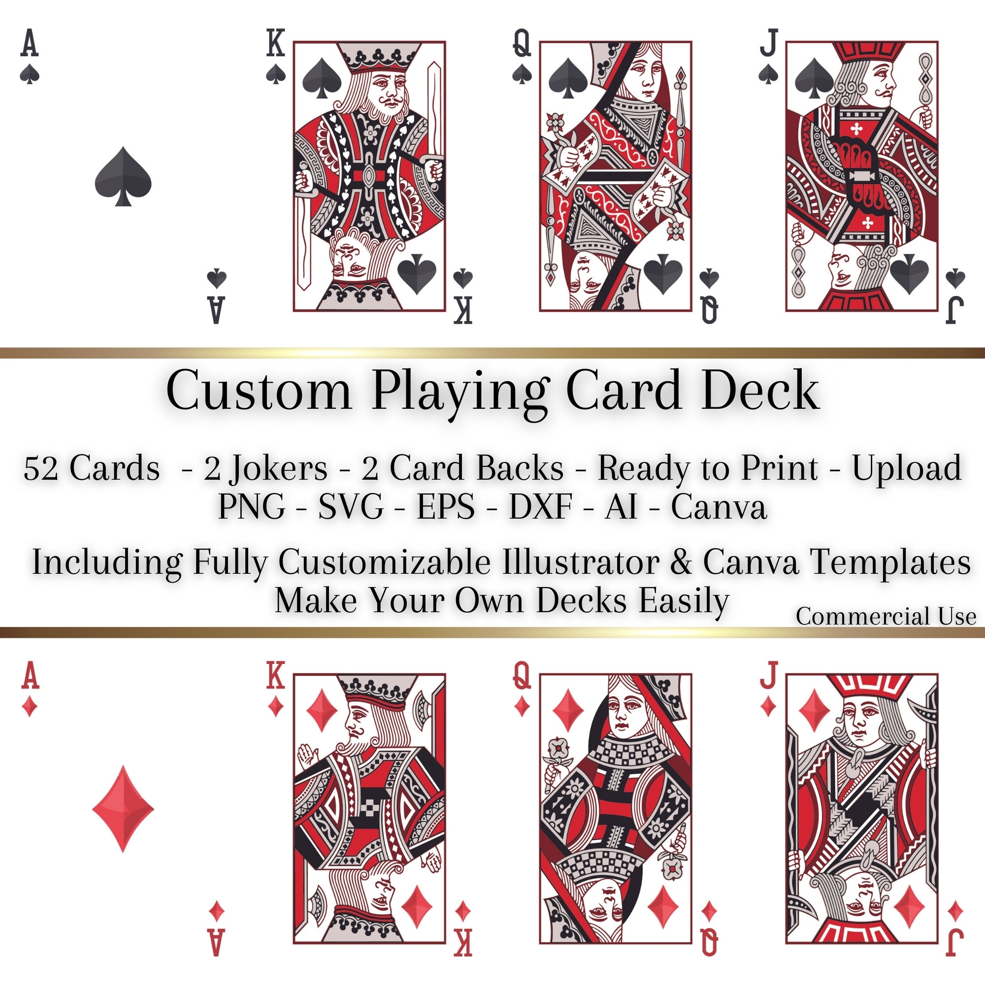 Custom Playing Card Deck Templates Design Your Own Poker Deck 52 Cards 2 Jokers 2 Card Backs PNG SVG Eps Dxf Ai Canva Digital Etsy