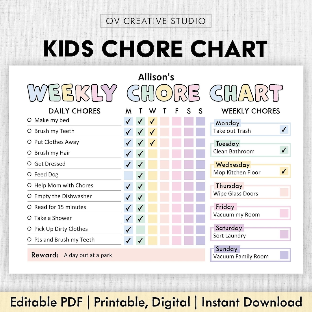 Editable Chore Chart For Kids Printable Kids Daily Weekly Responsibility Chart Kids Chore List Kids Daily Routine Checklist PDF Etsy Finland