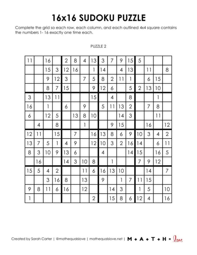 Free 16x16 Printable Sudoku Puzzles PDF 