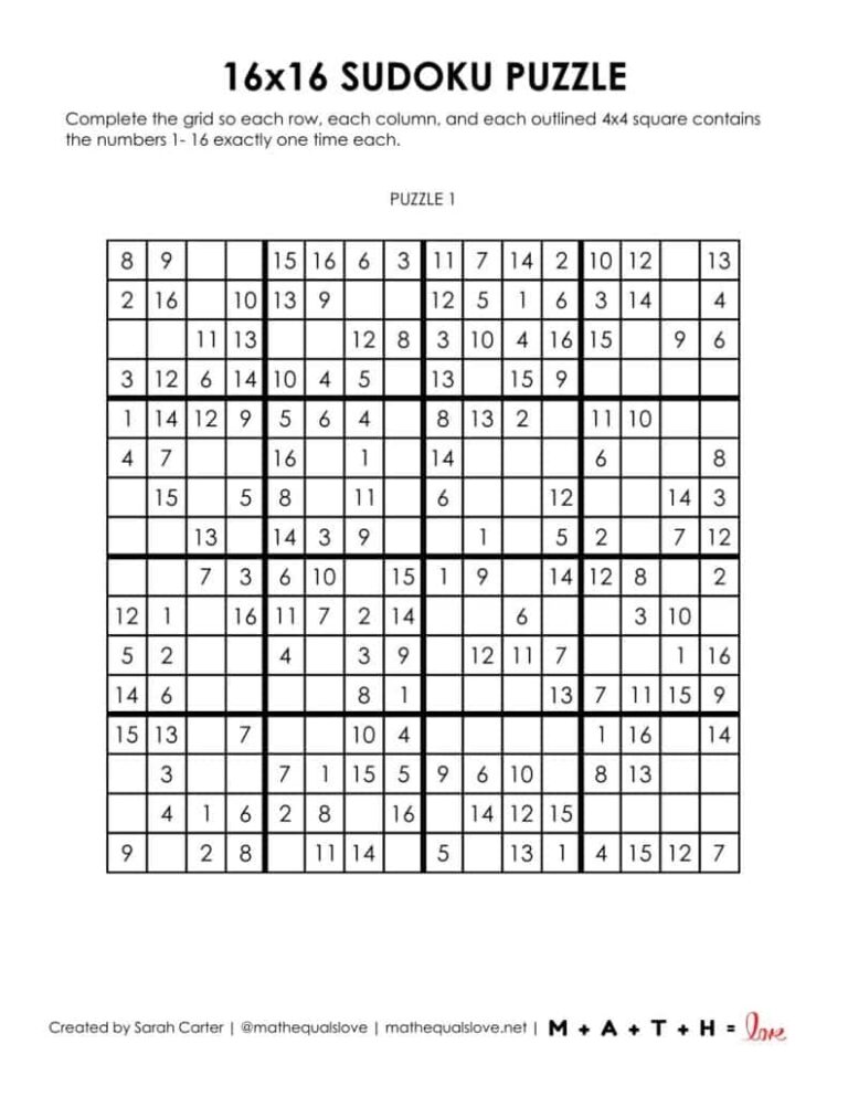 Free 16x16 Printable Sudoku Puzzles PDF 
