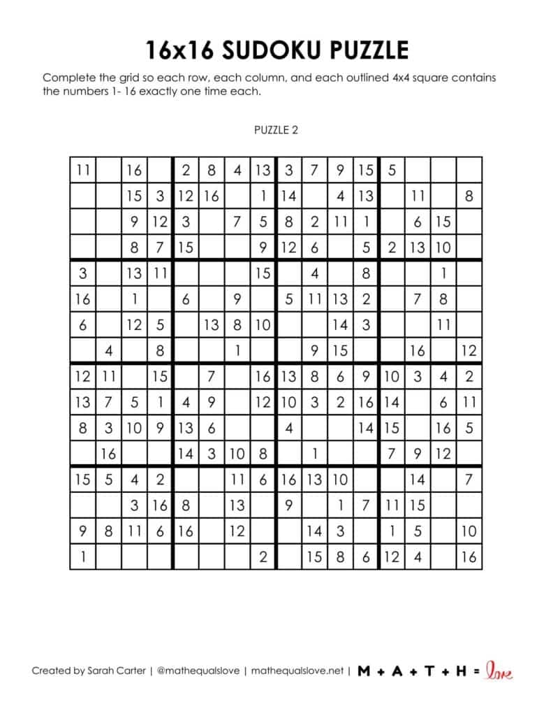 Free 16x16 Printable Sudoku Puzzles PDF 
