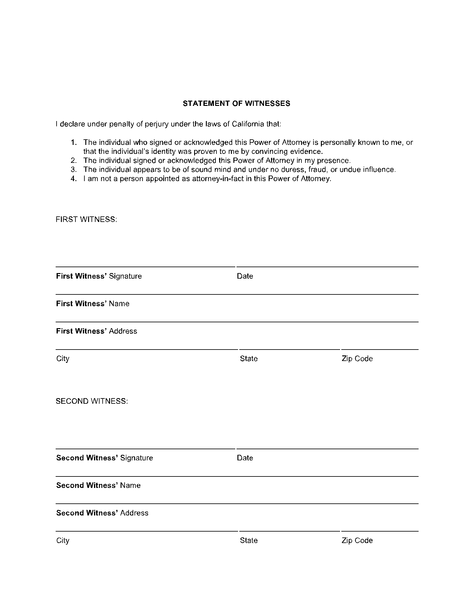 free printable power of attorney form california