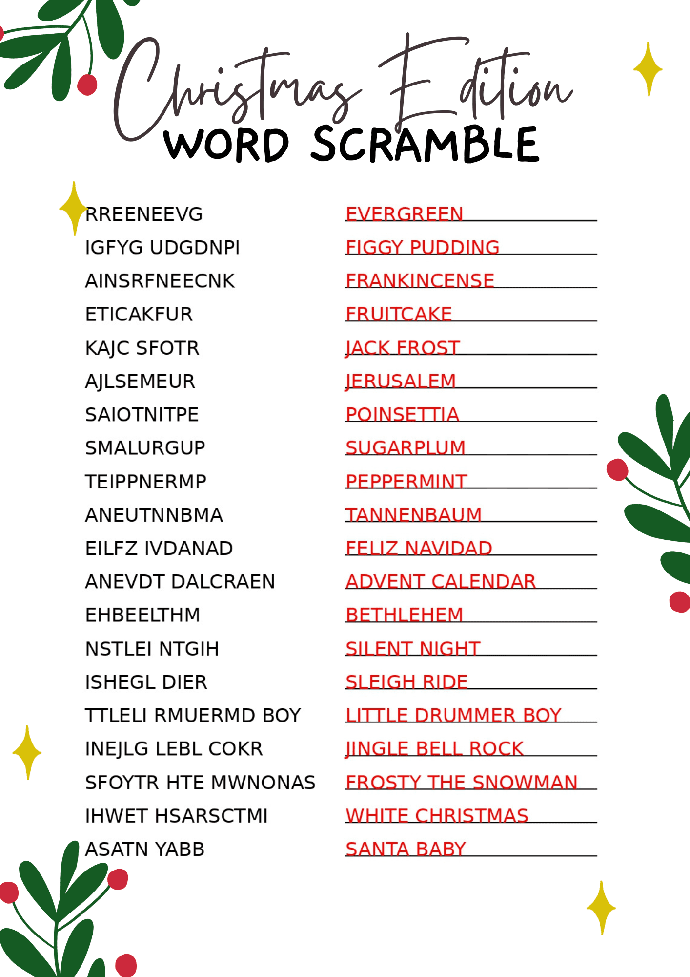 christmas word scramble printable