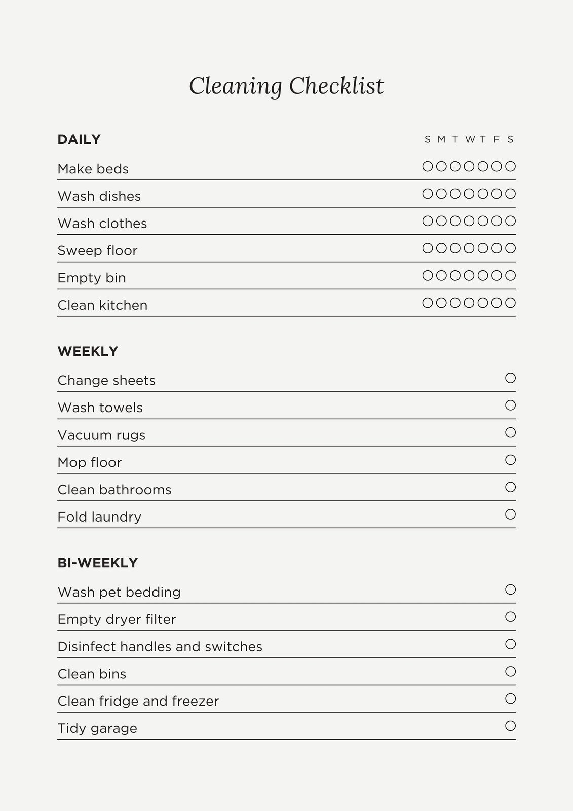 home cleaning list printable