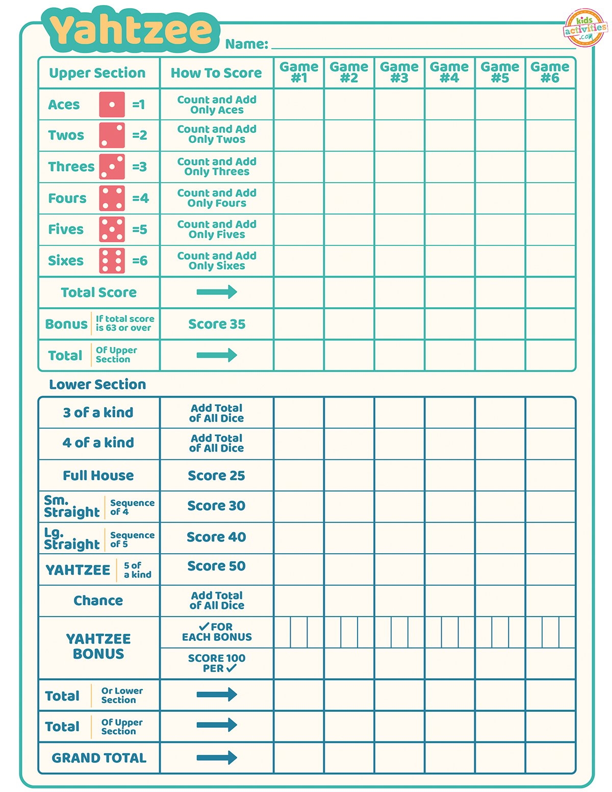 printable yahtzee score card
