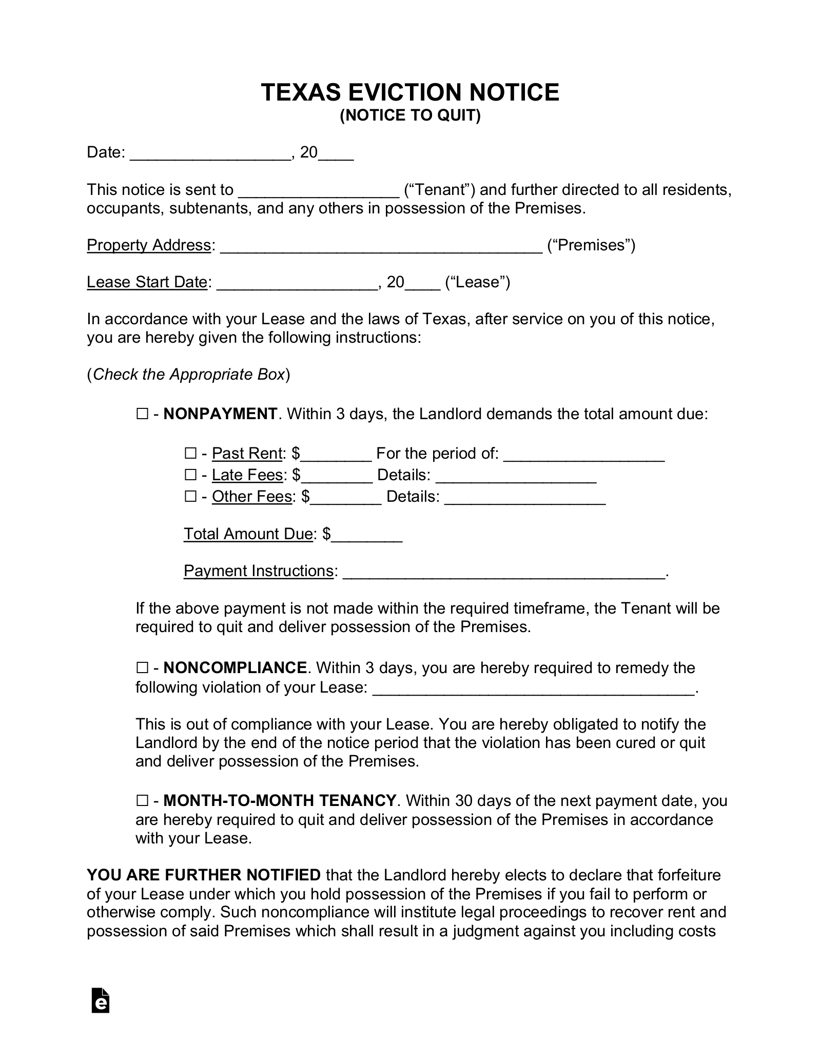 free printable notice to vacate
