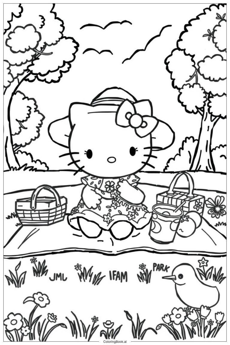 Hello Kitty Going On A Summer Picnic 2 Coloring Page Free PDF PNG Printable 