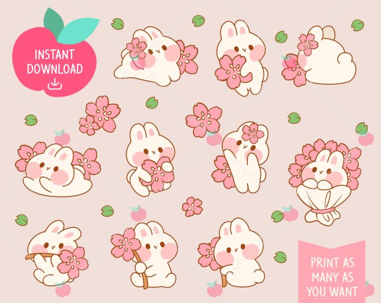 Kawaii Bunny Stickers Rainbow Sakura Clipart PNG Digital Download Etsy