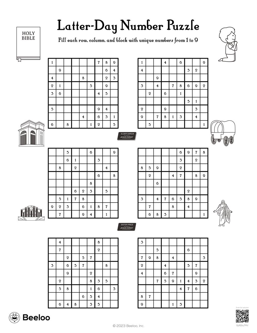 Latter day Saint themed Sudoku Puzzles Beeloo Printable Crafts And Activities For Kids