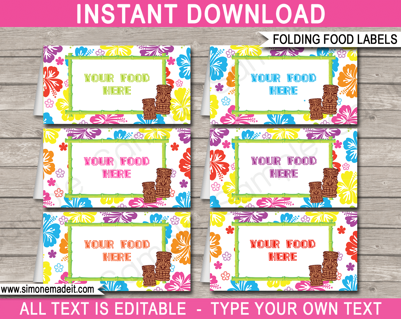 Luau Party Food Labels Template Printable Place Cards Birthday Party