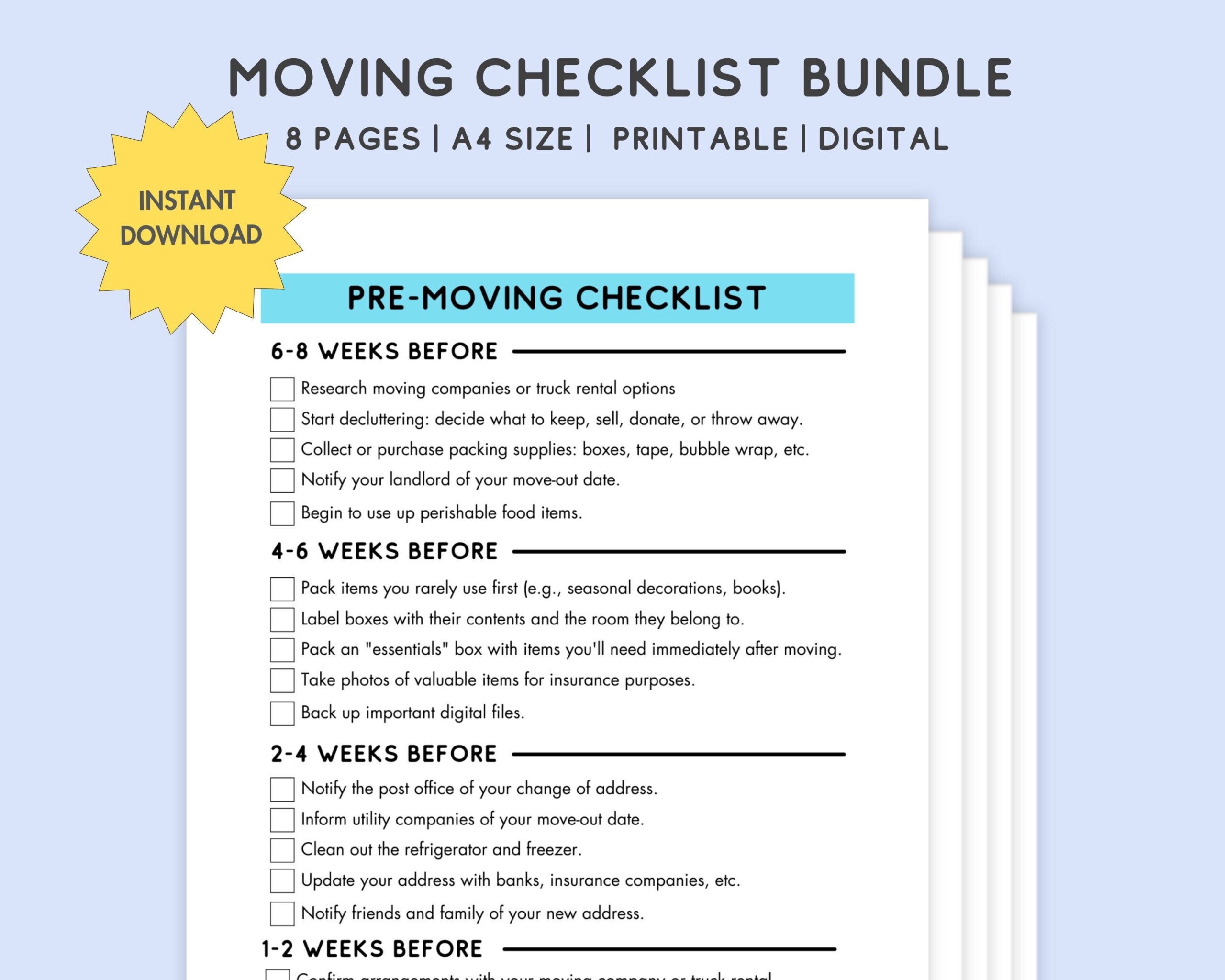 Moving Checklist Planner Printable New Home Moving Essentials List Pre Moving To Do Checklist Declutter Organizer Packing Supplies Etsy