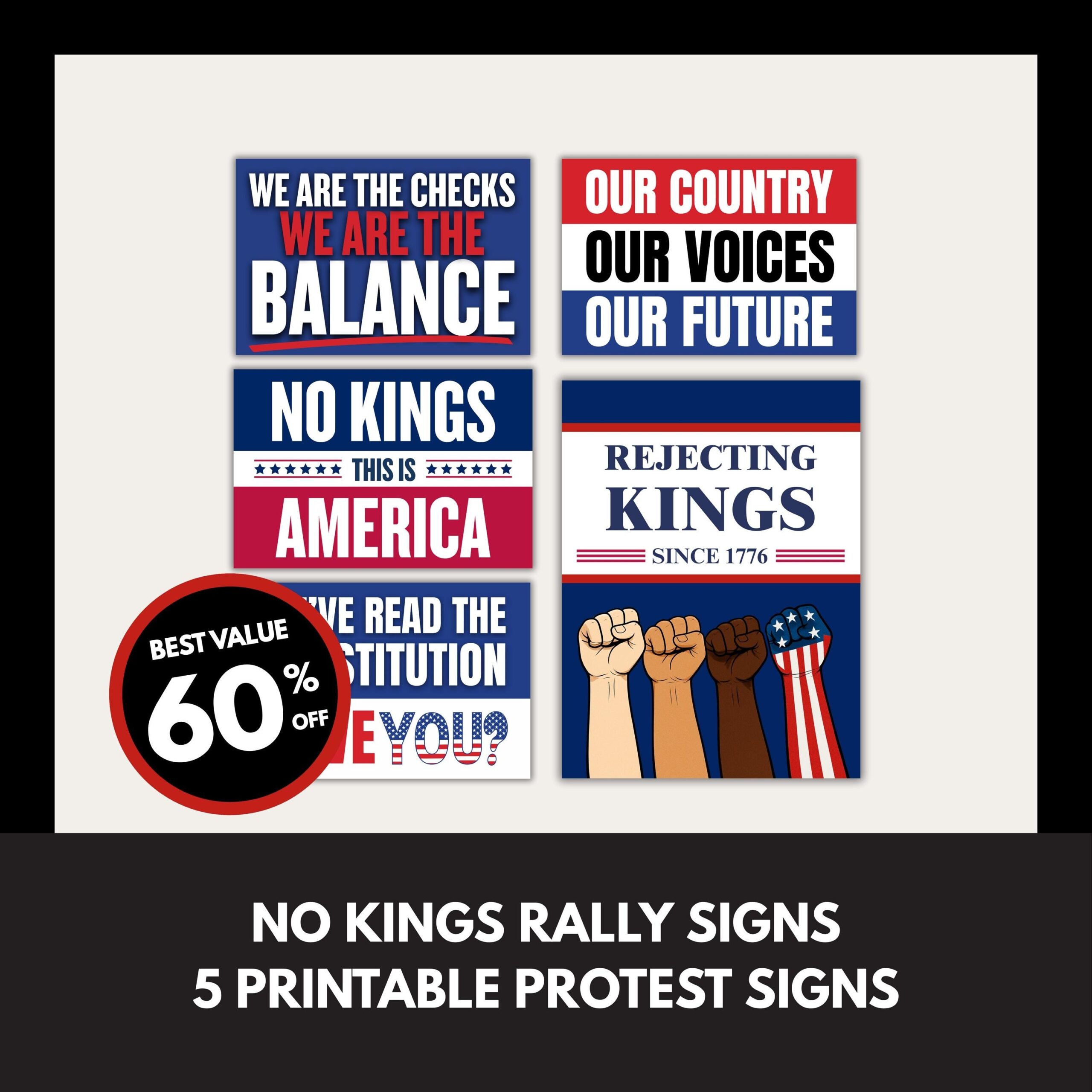 No Kings Printable Protest Sign Bundle V1 Pro Democracy Posters Anti Trump Signs 50501 Movement No Kings Sign Download Rally Signs Etsy