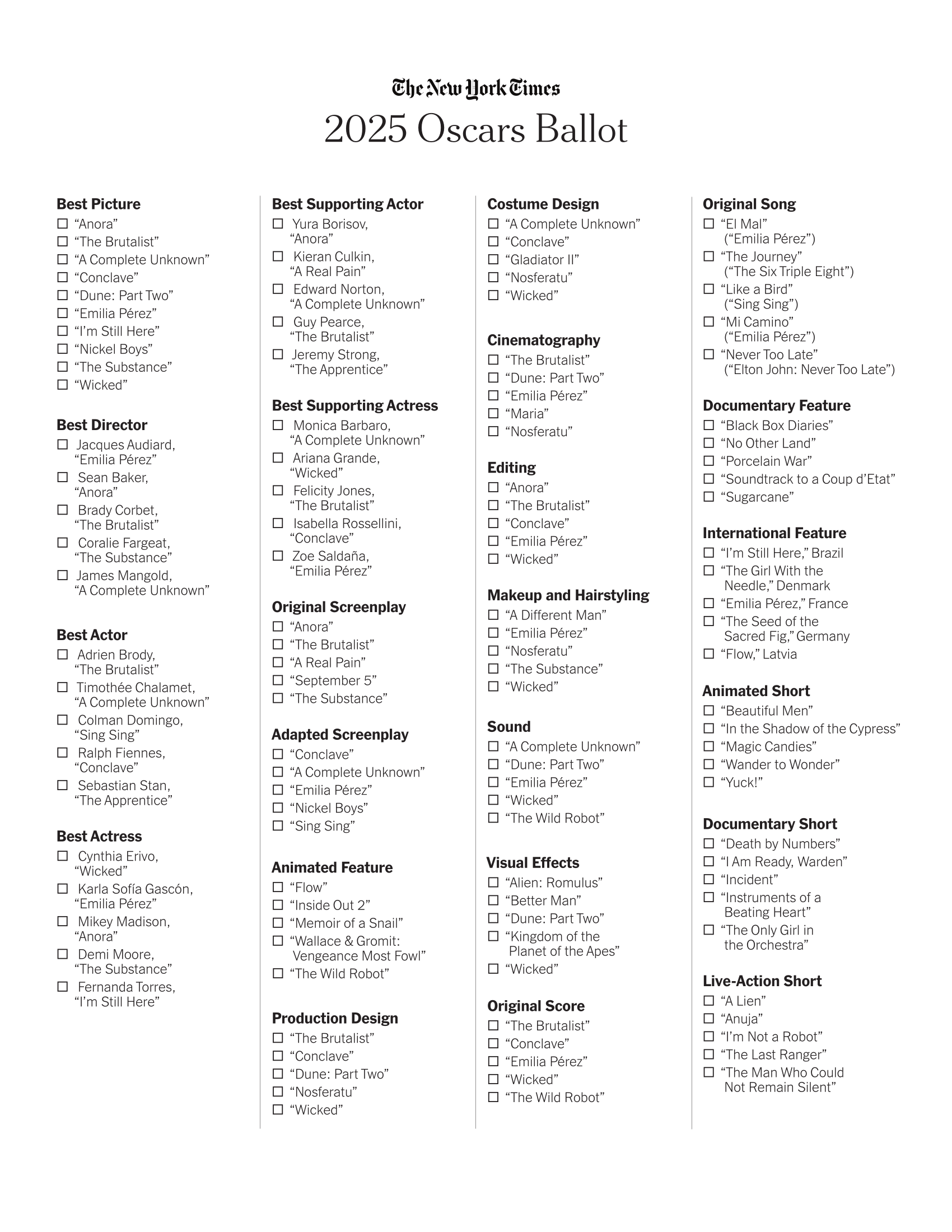 printable oscar ballot 2025 pdf