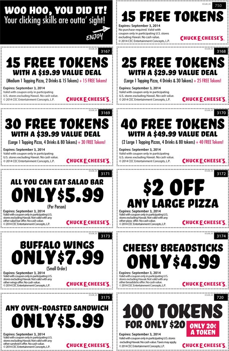 Pinned August 22nd 15 Free Tokens More At Chuck E Cheese pizza coupon Via The Coupons App
