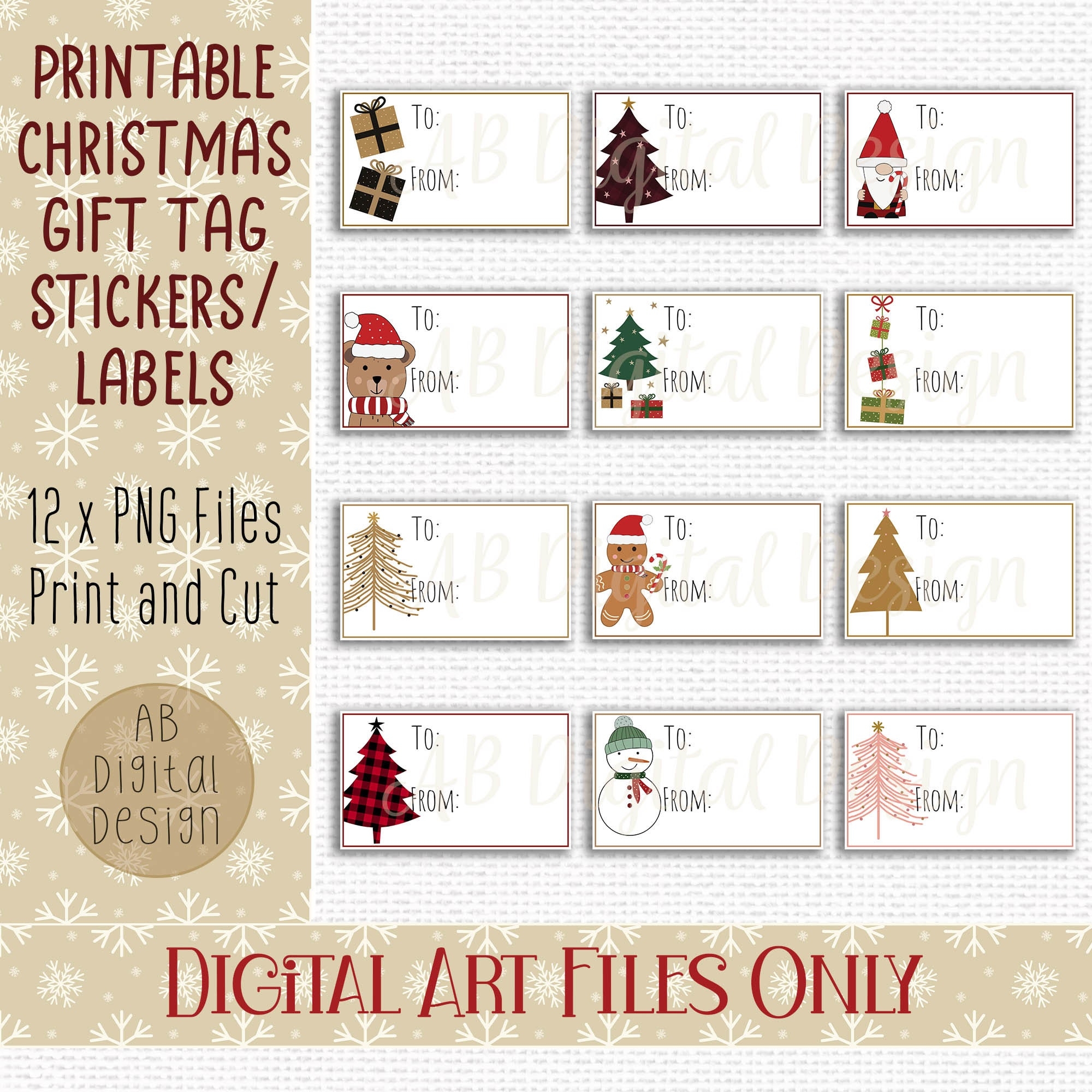 Printable Christmas Gift Tag Labels Print Then Cut Print At Home Christmas Stickers Digital Files Only Etsy