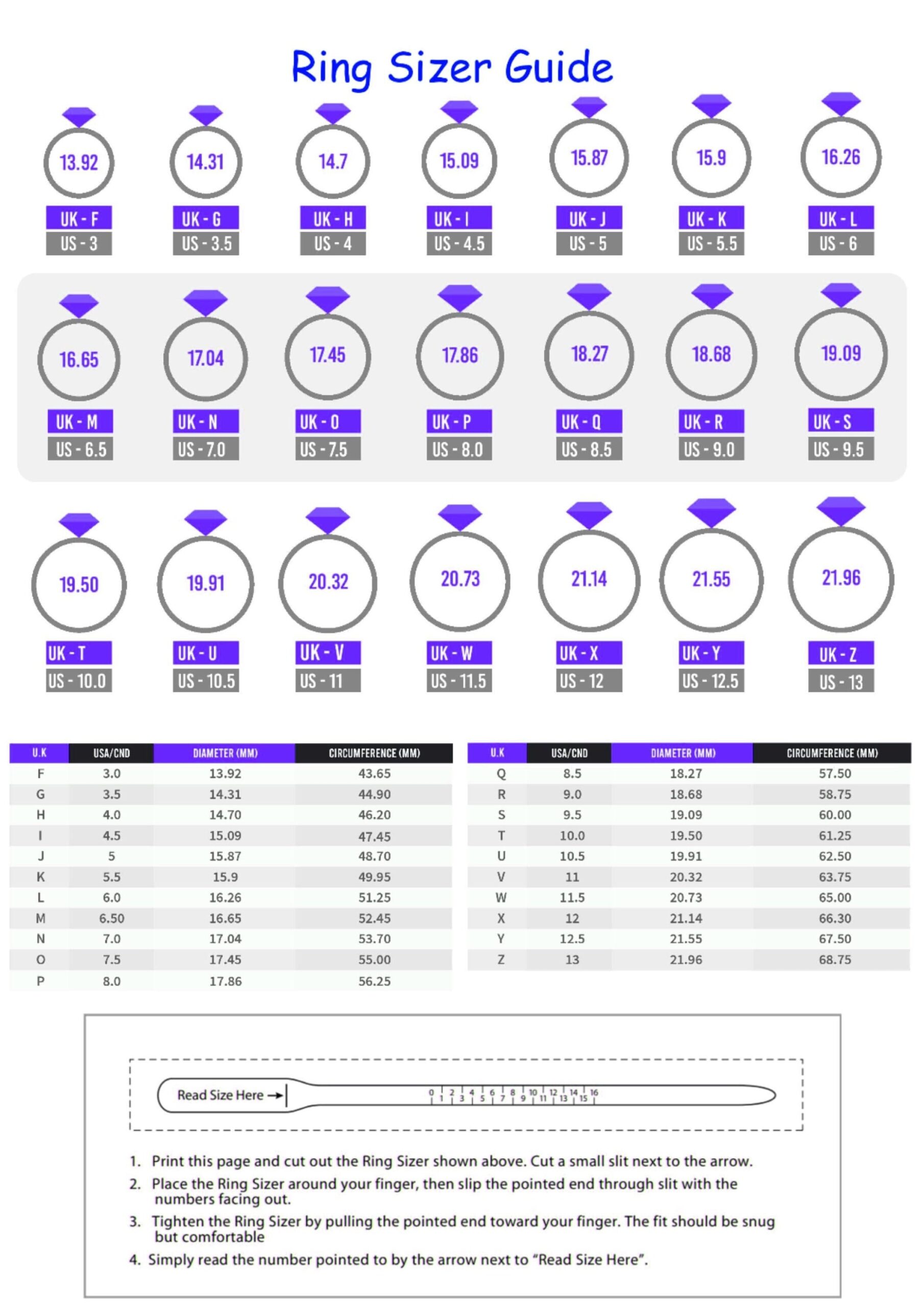 Printable Diamond Ring Size Chart ring Size Finder ring Sizing Guide Tool International Ring Size measure Ring Size instant Easy Download Etsy Israel