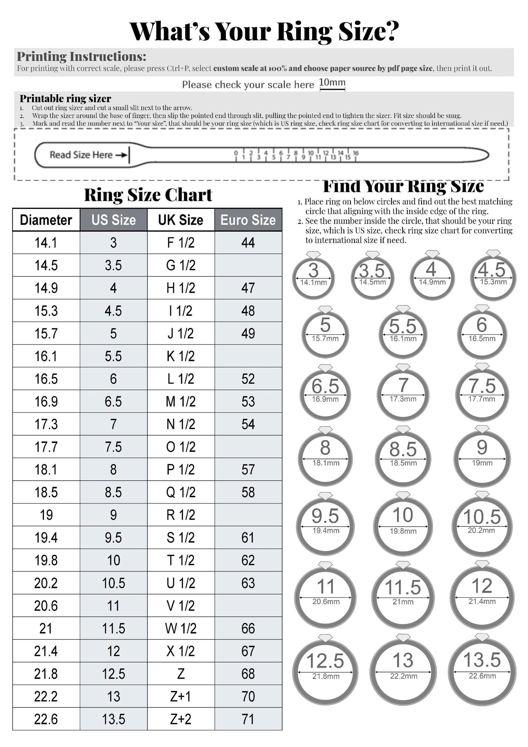 Printable Diamond Ring Sizer Ring Size Finder Ring Size Measure International Ring Size Chart Ring Sizer Tool Instant Easy Download Etsy Israel