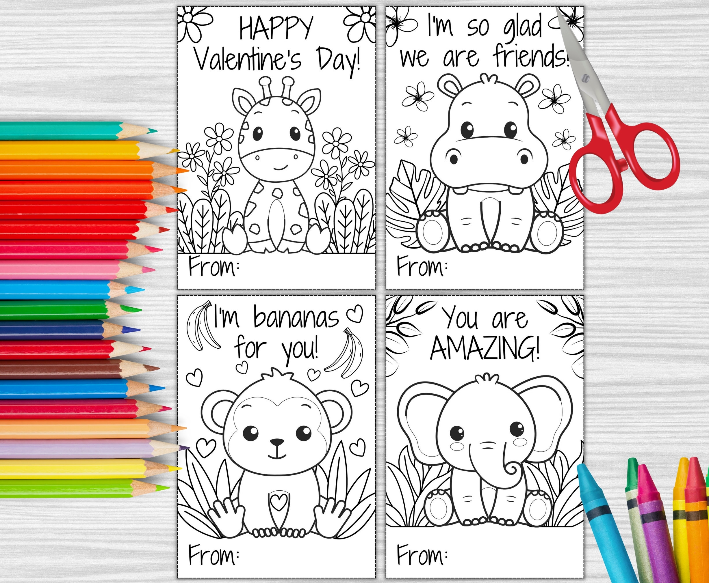 Safari Animal Valentine s Day Coloring Cards Kids Printable PDF Download Etsy