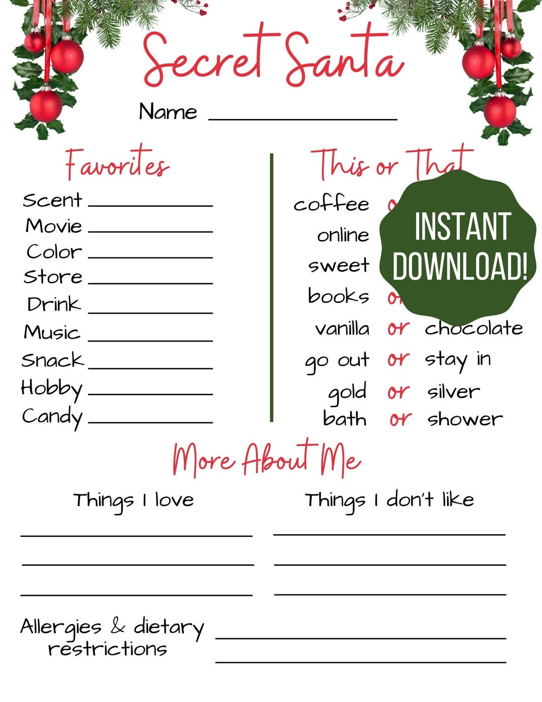 secret santa form free printable