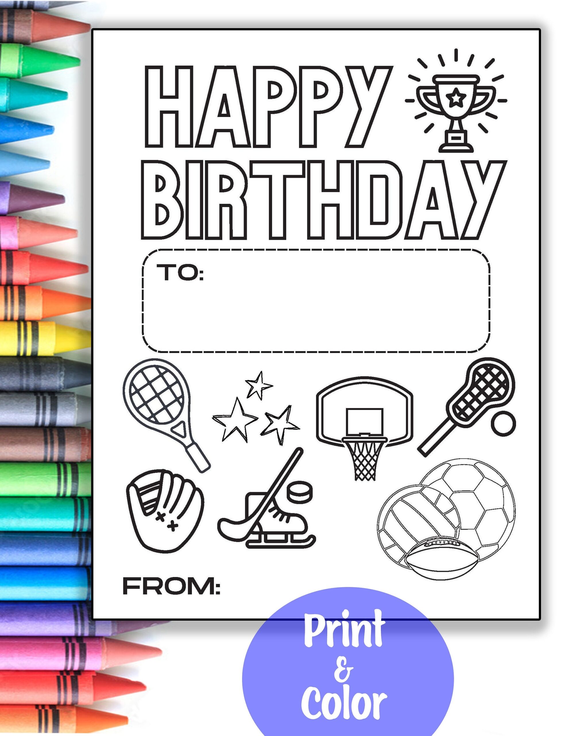 SPORTS Kids Happy Birthday Card Coloring Sheet Printable Etsy