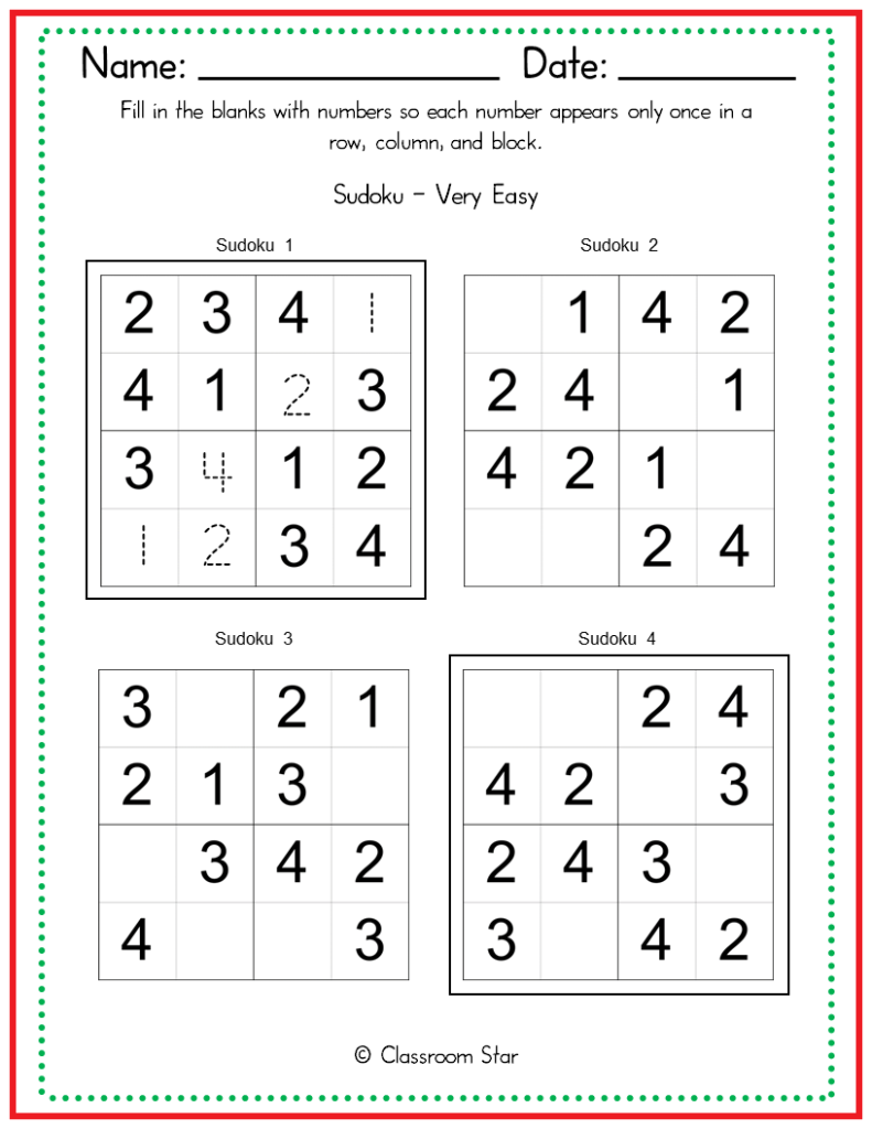 Sudoku 4x4 Very Easy Puzzles Classroom Star Worksheets