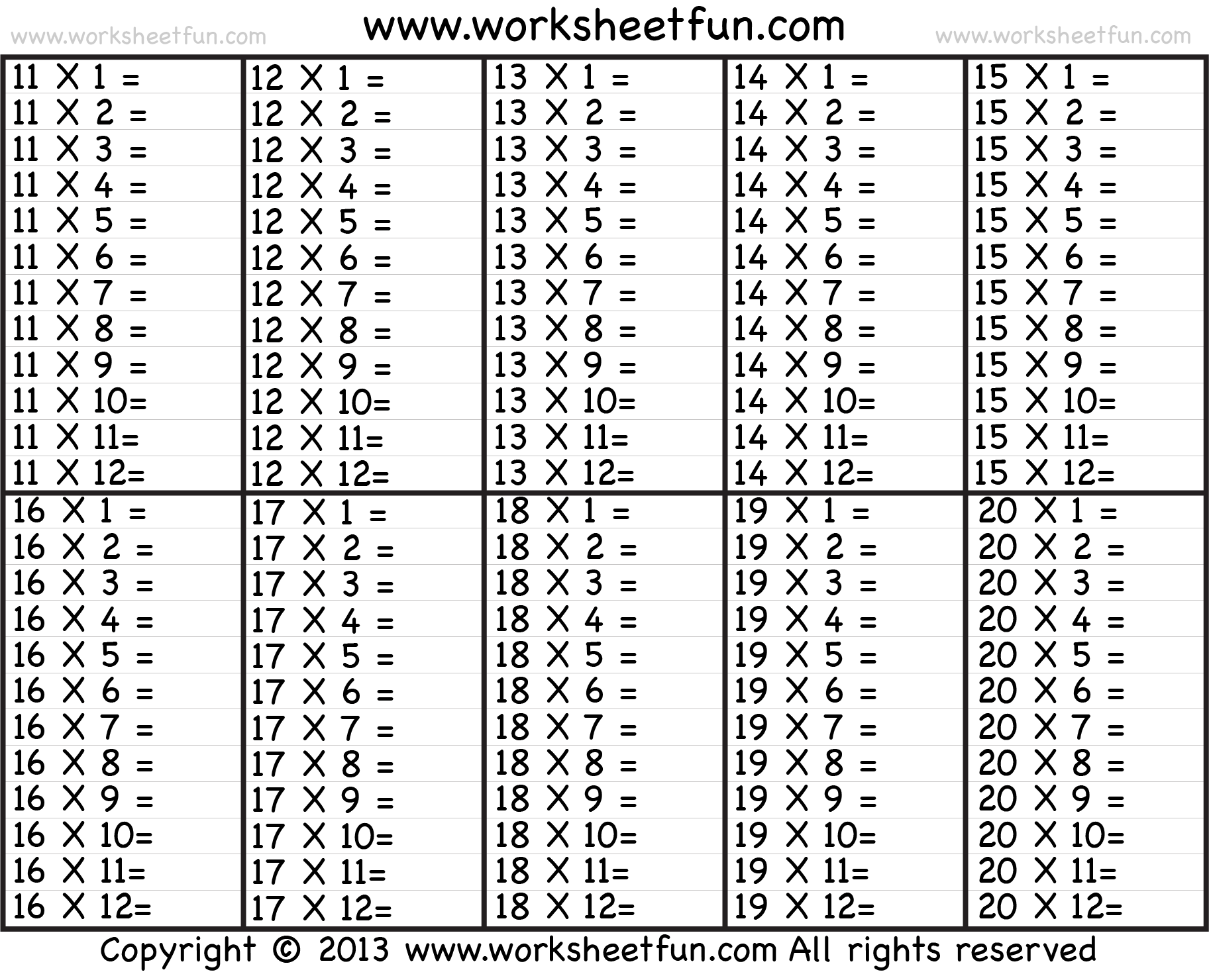 times tables worksheets printable
