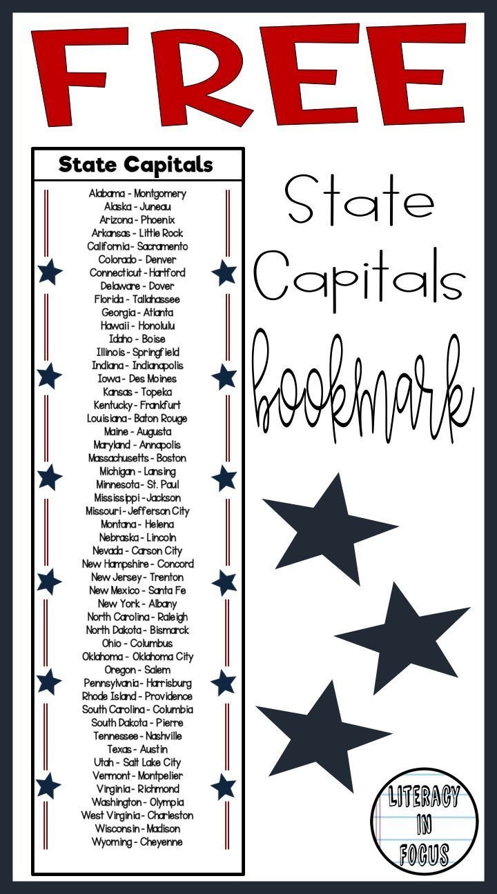 US States And Capitals Bookmark 50 United States Free Printable