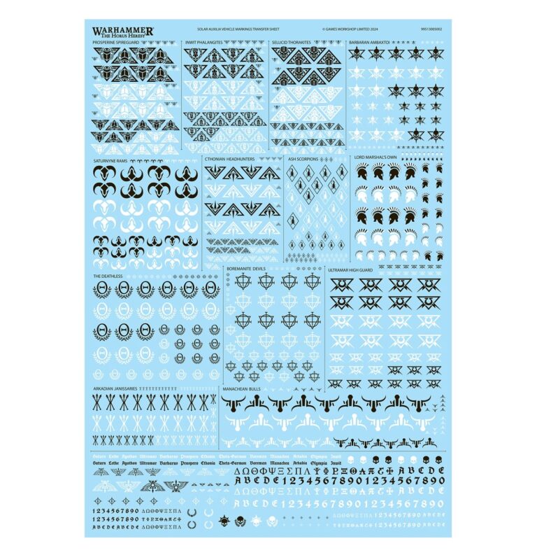 Warhammer The Horus Heresy Solar Auxilia Vehicle Markings Transfer Sheet From Games Workshop gw 99513005002 Miniset Miniatures Collectors Guide