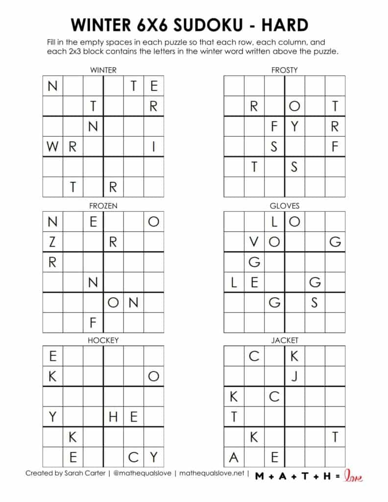 Winter 6x6 Sudoku Puzzles Free Printable PDF 