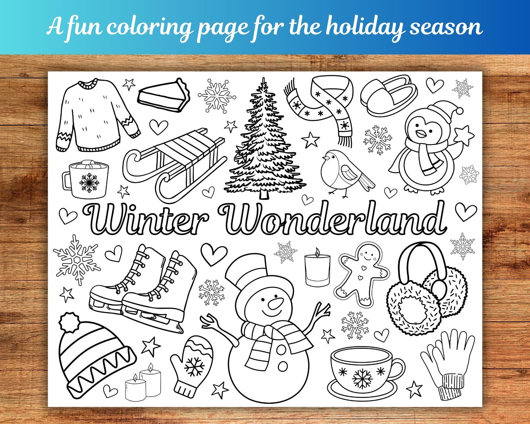 Winter Coloring Page Christmas Coloring Placemat Winter Wonderland Coloring Kids Christmas Printable Kids Christmas Activity Etsy