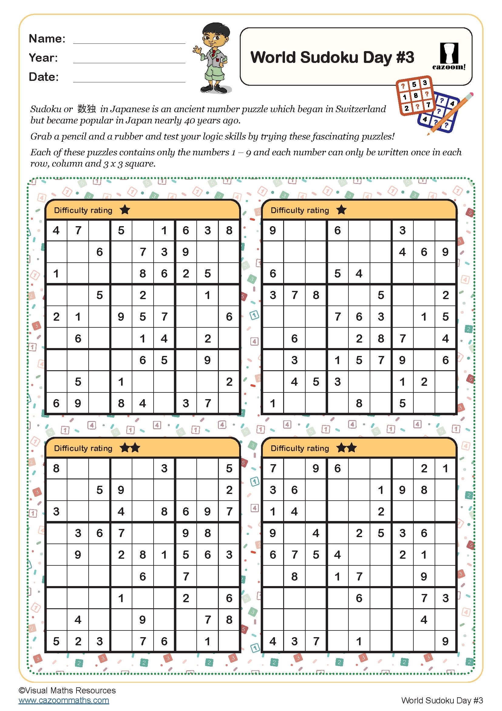 World Sudoku Day 3 Worksheet PDF Printable Events Worksheets