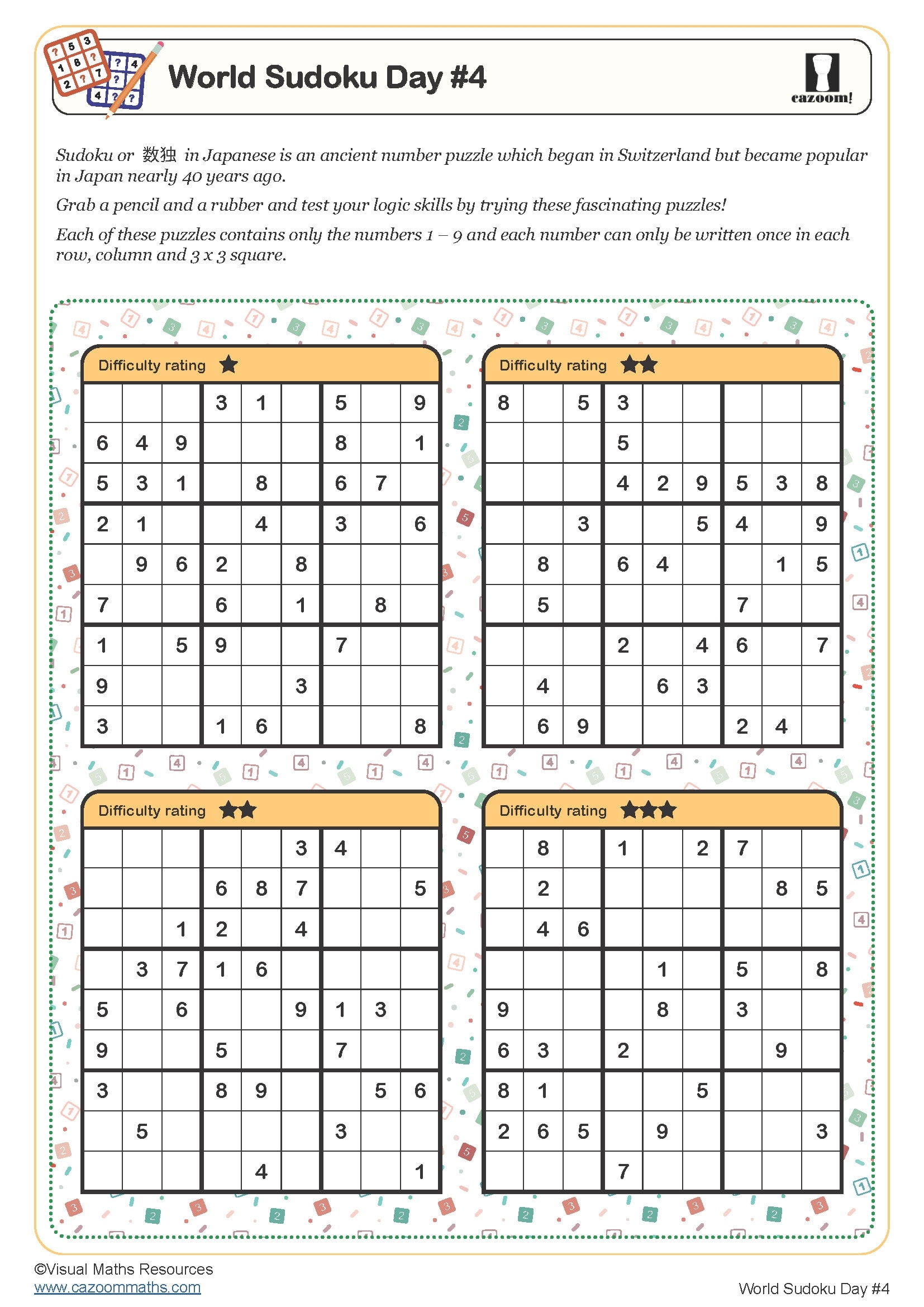World Sudoku Day 4 Worksheet PDF Printable Worksheet
